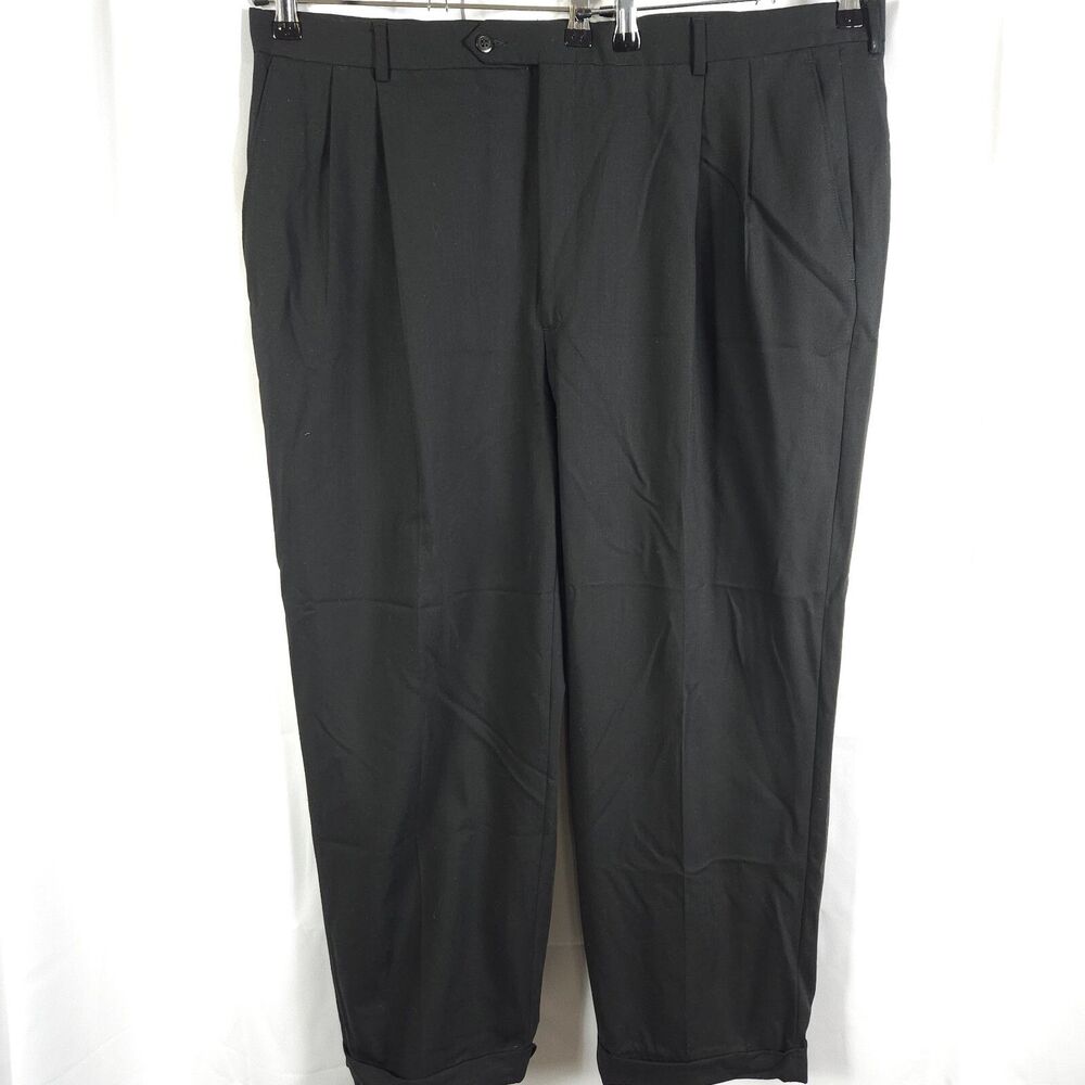 Hart Schaffner Marx Mens 42x28 Black Super 100's Wool Pleated Cuffed Dress Pants